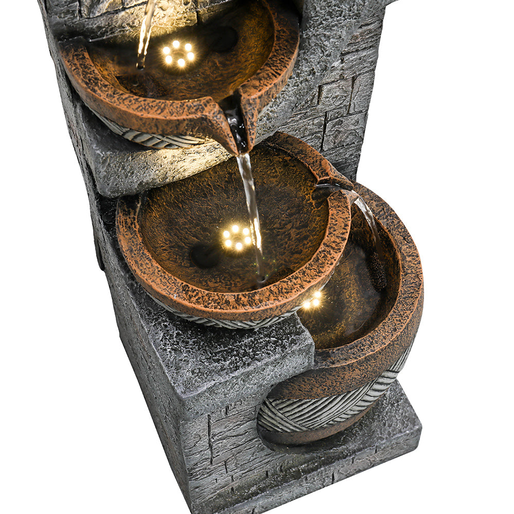 Resin Carved Clay Urn Outdoor Water Fountain 42 Inch close view of lower glowing tiers with water streams.