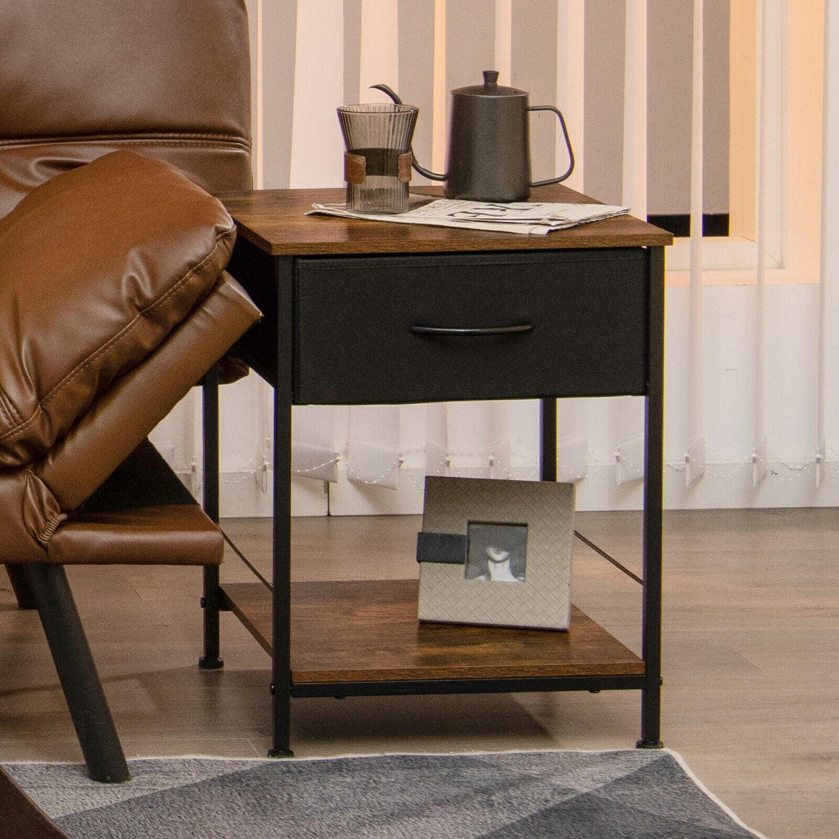 Blast Pro Series 24000 BTU 20 SEER2 208 is not visible; a dark wood side table and brown chair sit beside a window.