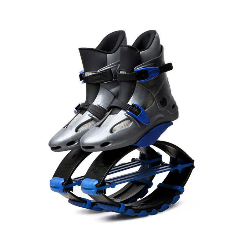 Jumper Stilt Fitness Kangaroo Boots in gray with blue accents, shown together from the front at an angle.