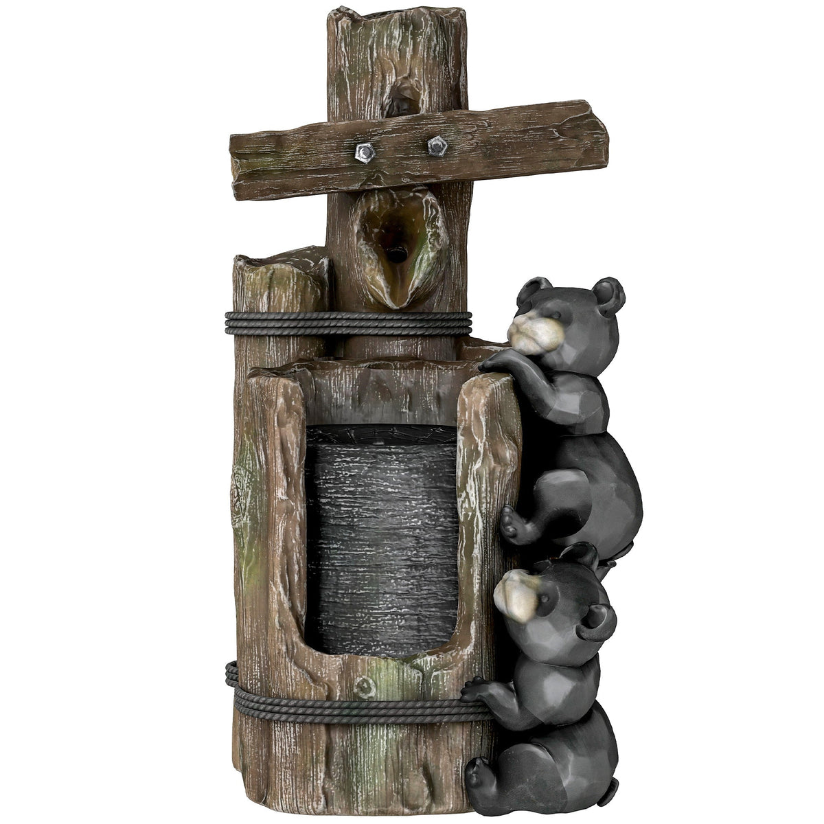 Resin Bear Fountain Two Cubs on Timber Post shown alone against a white background, with both cubs climbing the basin.