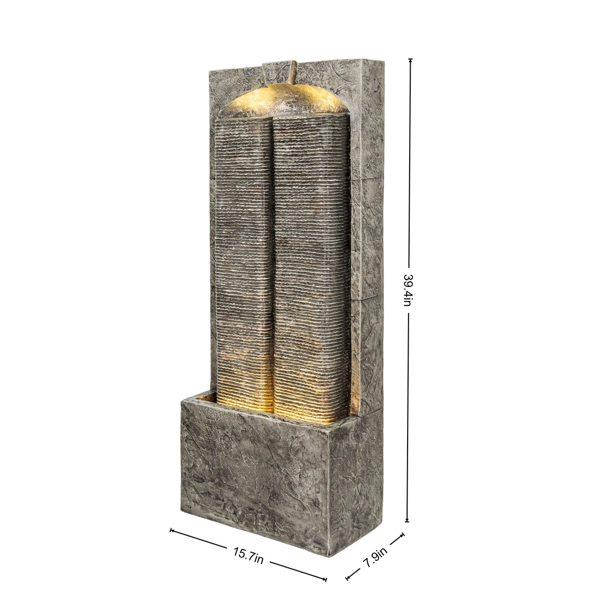 Resin Slate Outdoor Water Wall Fountain shown at an angle with dimension lines on a white background.