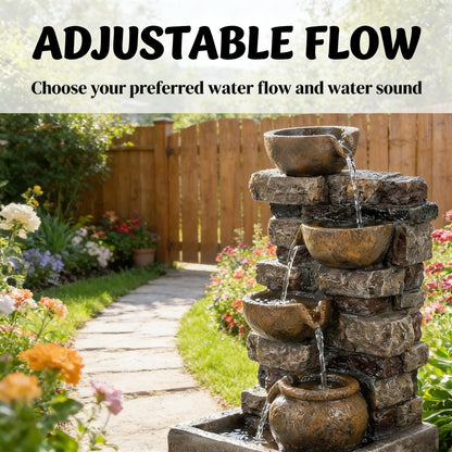 Resin Stacked Stone Bowl Cascade Fountain 28 Inch beside a garden path, with text about adjustable flow above.