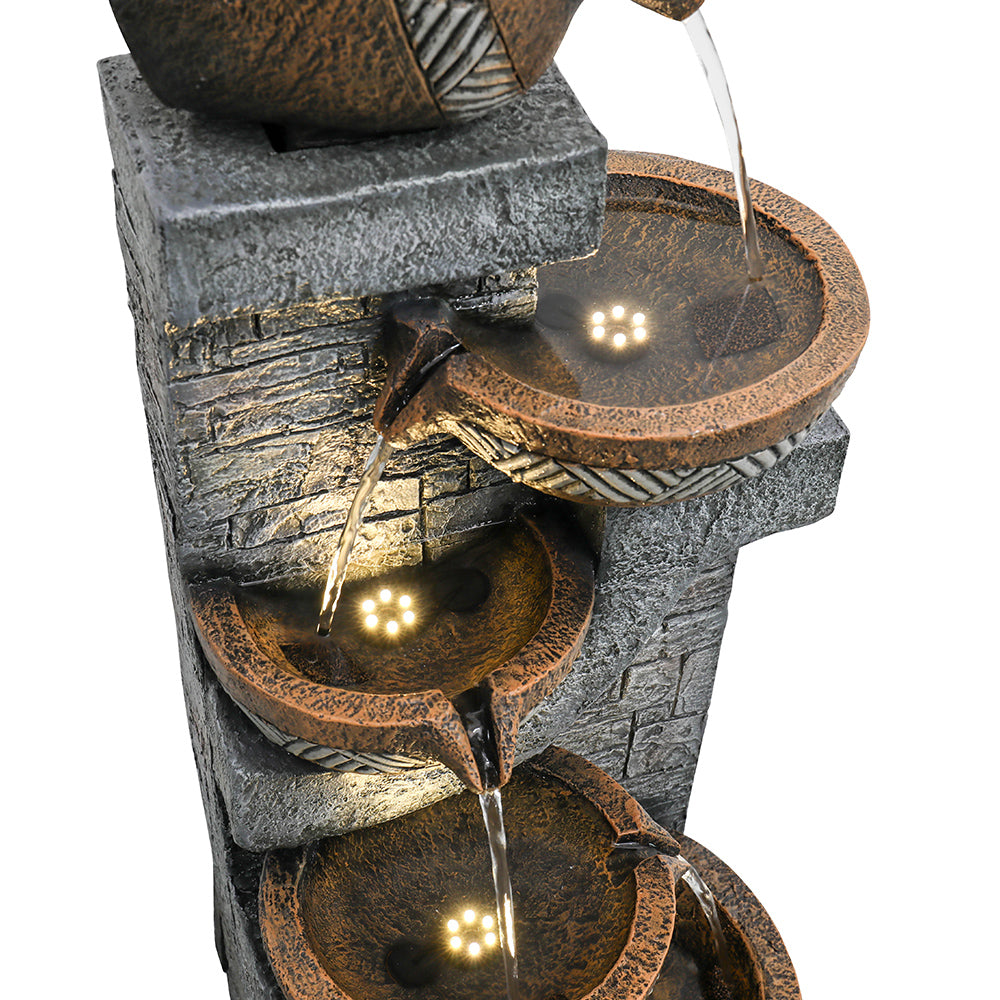 Resin Carved Clay Urn Outdoor Water Fountain 42 Inch medium view of lit bowls cascading water.