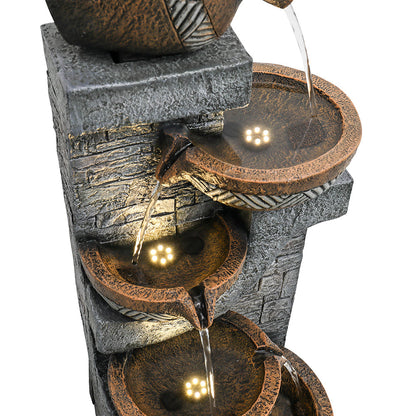 Resin Carved Clay Urn Outdoor Water Fountain 42 Inch medium view of lit bowls cascading water.