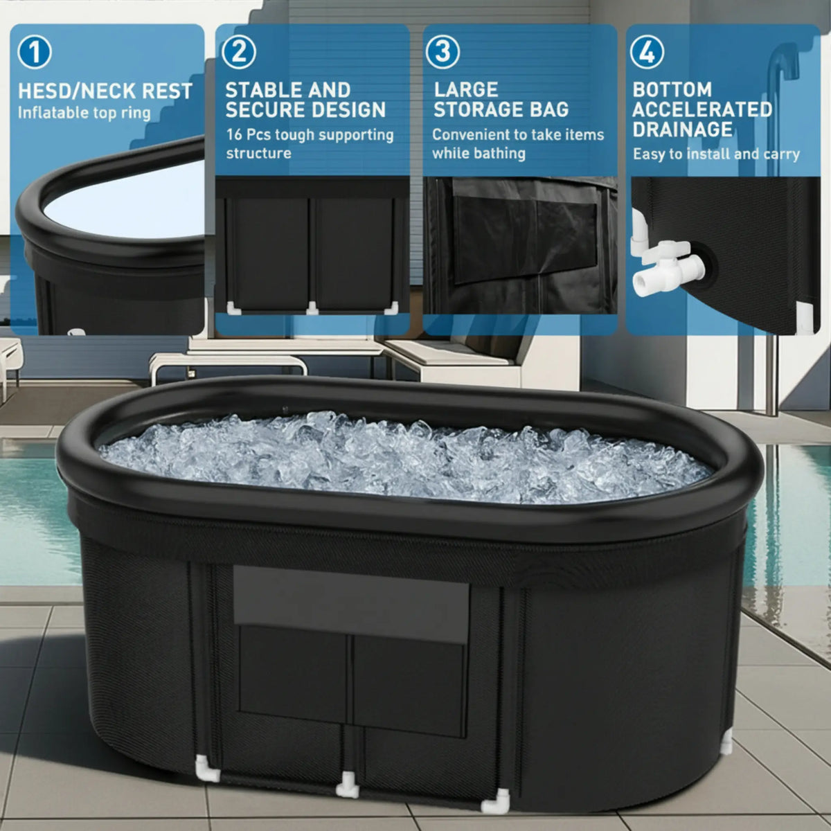 110-Gallon Oval Ice Bath Tub with Storage Bag, Multi-Layered Portable Cold Plunge Tub with Cover, Drop-In Bathtub Foldable for Athletes, Home Gym, Outdoor Use — product view 7