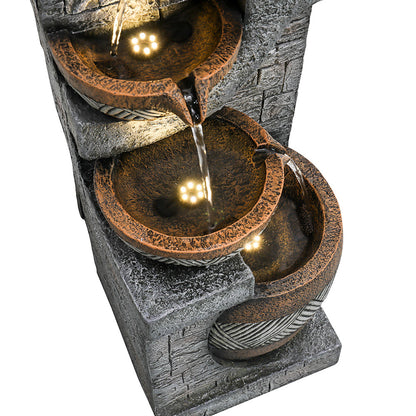 Resin Carved Clay Urn Outdoor Water Fountain 42 Inch close view of lower glowing tiers with water streams.