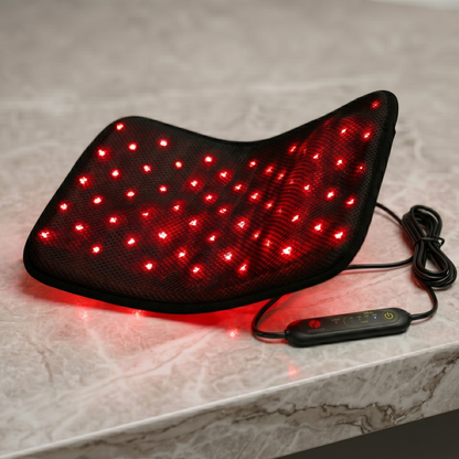 Therasage Tri-Lite™ Red Light Therapy Panel curves upward on a stone surface beside its cord and controller.