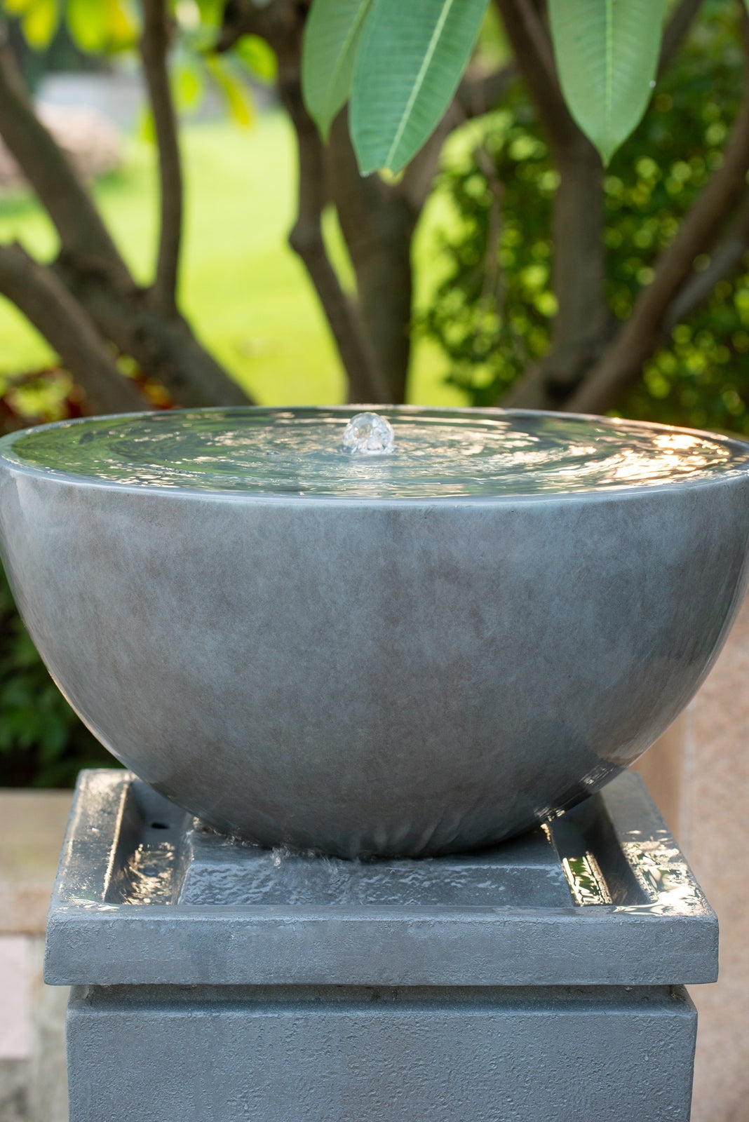 Resin Zen Bowl Pedestal Outdoor Fountain 44 Inch beneath leafy branches, with water rippling in the bowl.