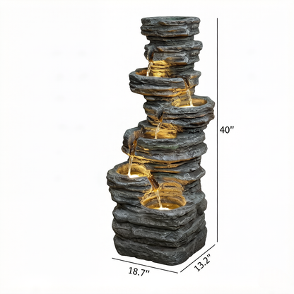 Resin 6 Tier Rock Cascade Outdoor Fountain 40 Inch LED with dimension lines showing height, width, and depth on white.