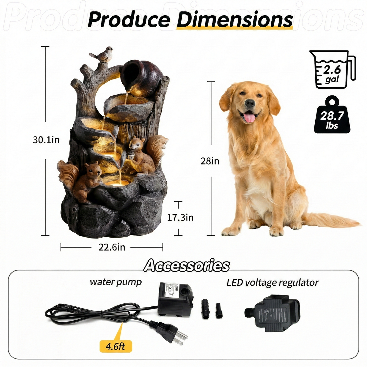 Resin Squirrel Tree Stump Outdoor Fountain 30 Inch LED shown with dimension markings, a dog for scale, and accessory parts.