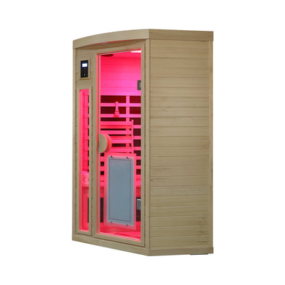 Hemlock Pentagonal Indoor Far Infrared Sauna Room shown at an angle, with its right side panel visible.