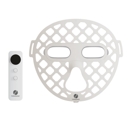 TheraGlow Mask2Go+™ LED Light Therapy Face Mask and a slim control remote are displayed against a white background.