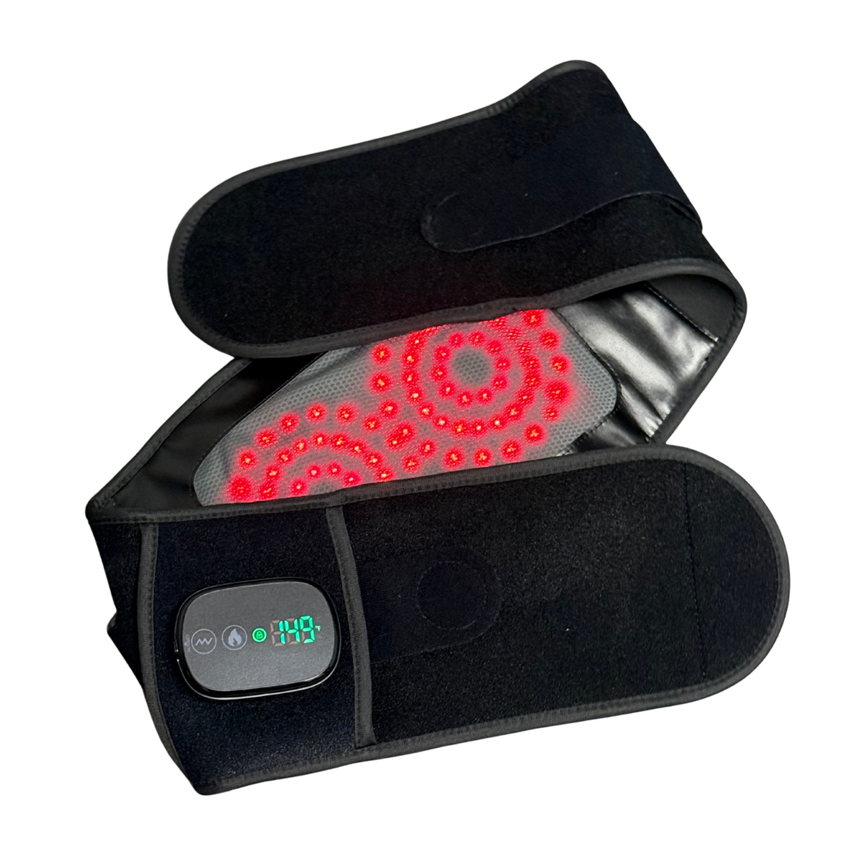 TheraBelt Red Light Therapy Recovery Belt opened to show its glowing red light panels and digital display on white.