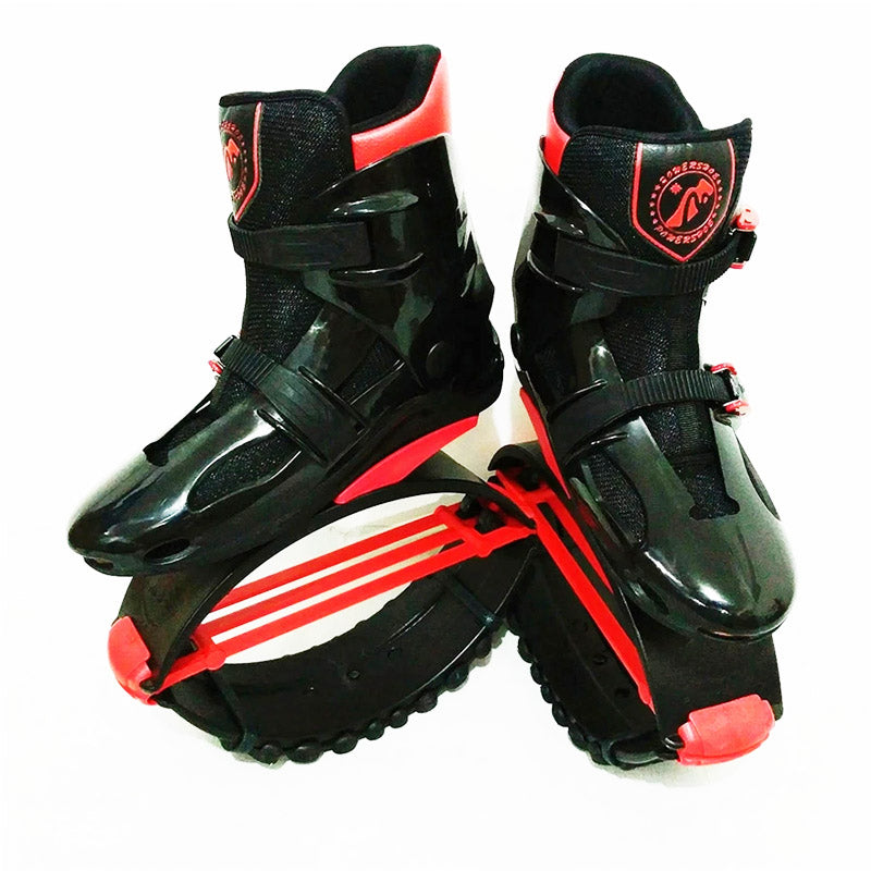 Jumper Stilt Fitness Kangaroo Boots in black with red accents, shown as a pair on a white background.