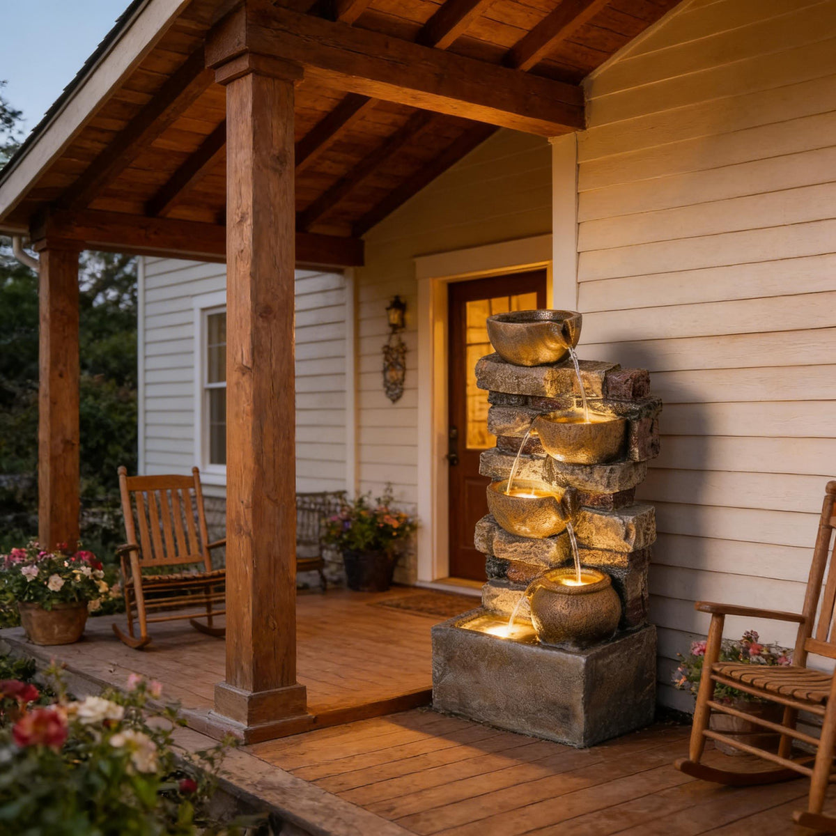 Resin Stacked Stone Bowl Cascade Fountain 28 Inch glowing on a covered porch near rocking chairs.