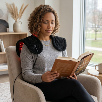 A seated woman reads with the TheraPerfect Pad™ draped over her shoulders in a bright living room.