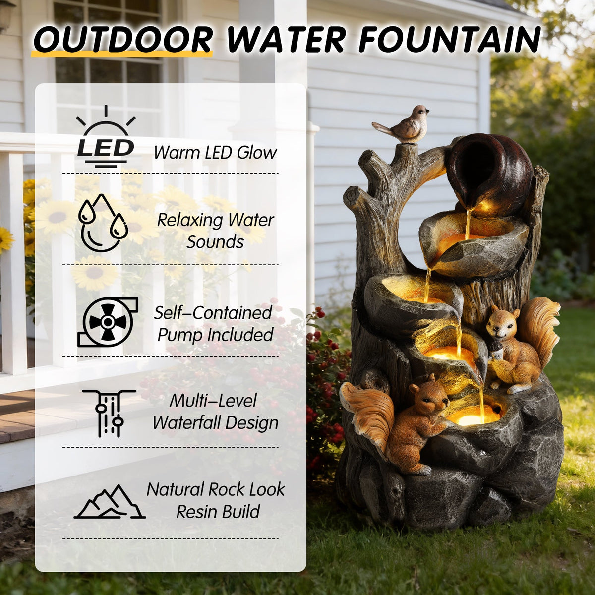 Resin Squirrel Tree Stump Outdoor Fountain 30 Inch LED displayed beside a graphic panel of icons and text.