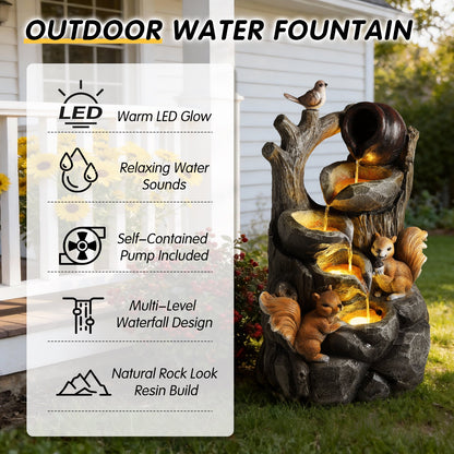 Resin Squirrel Tree Stump Outdoor Fountain 30 Inch LED displayed beside a graphic panel of icons and text.