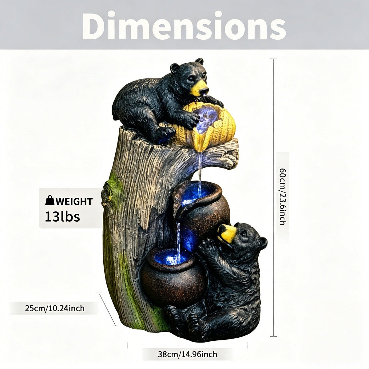 Resin Black Bear Outdoor Water Fountain shown with dimension labels against a white background.