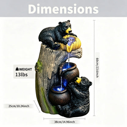 Resin Black Bear Outdoor Water Fountain shown with dimension labels against a white background.