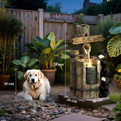 Resin Bear Fountain Two Cubs on Timber Post among garden plants beside a dog, with measurement lines shown.