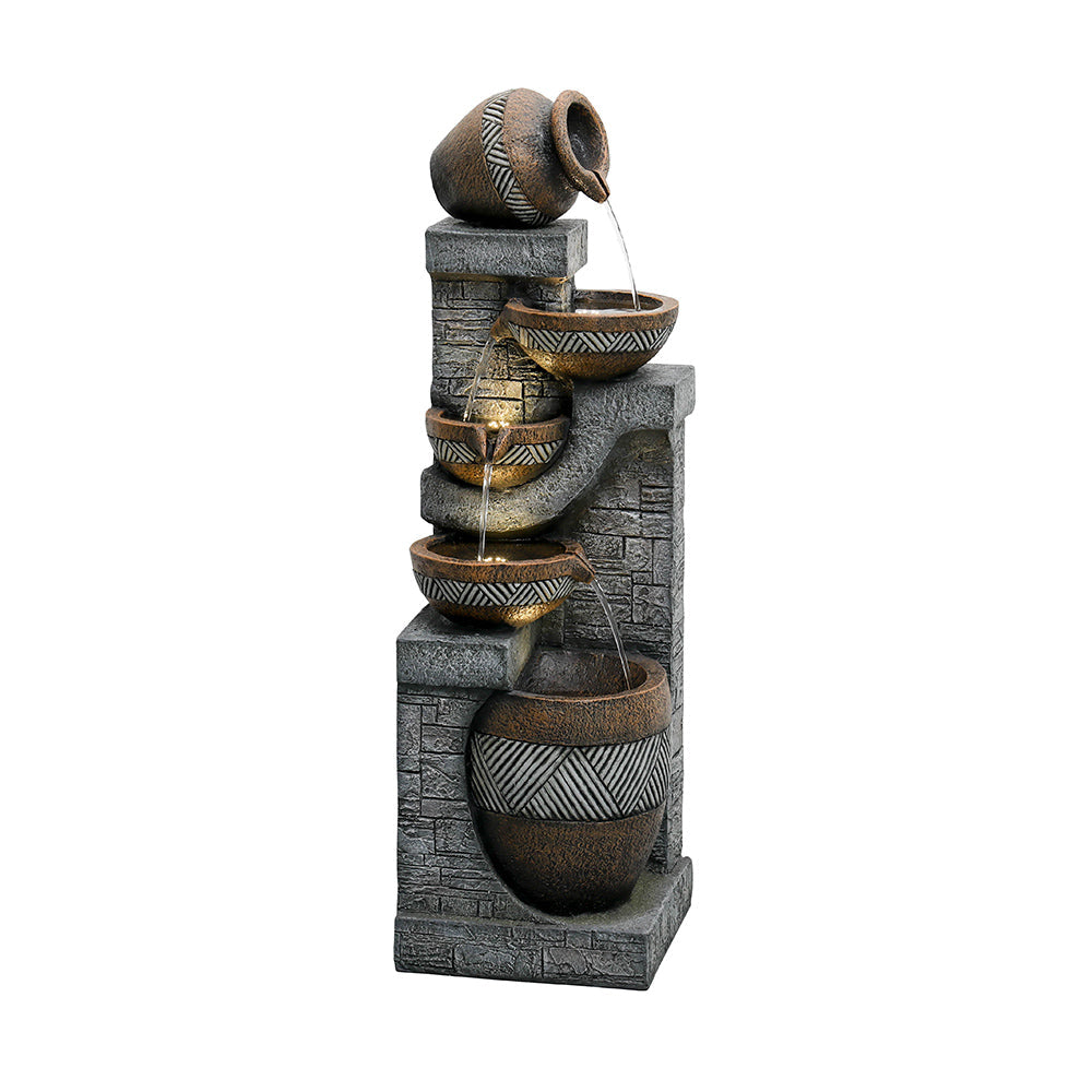 Resin Carved Clay Urn Outdoor Water Fountain 42 Inch shown alone on a white background with water cascading through bowls.