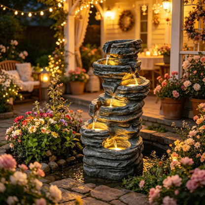 Resin 6 Tier Rock Cascade Outdoor Fountain 40 Inch LED cascades into a dark basin amid flowers and string lights at night.