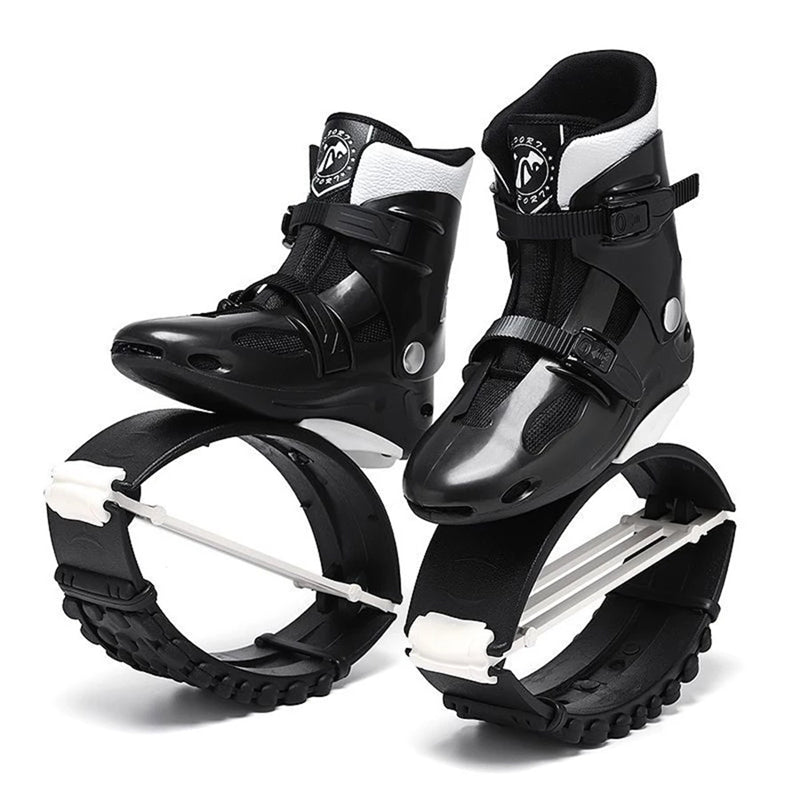 Jumper Stilt Fitness Kangaroo Boots in black and white, shown as a pair at an angle.