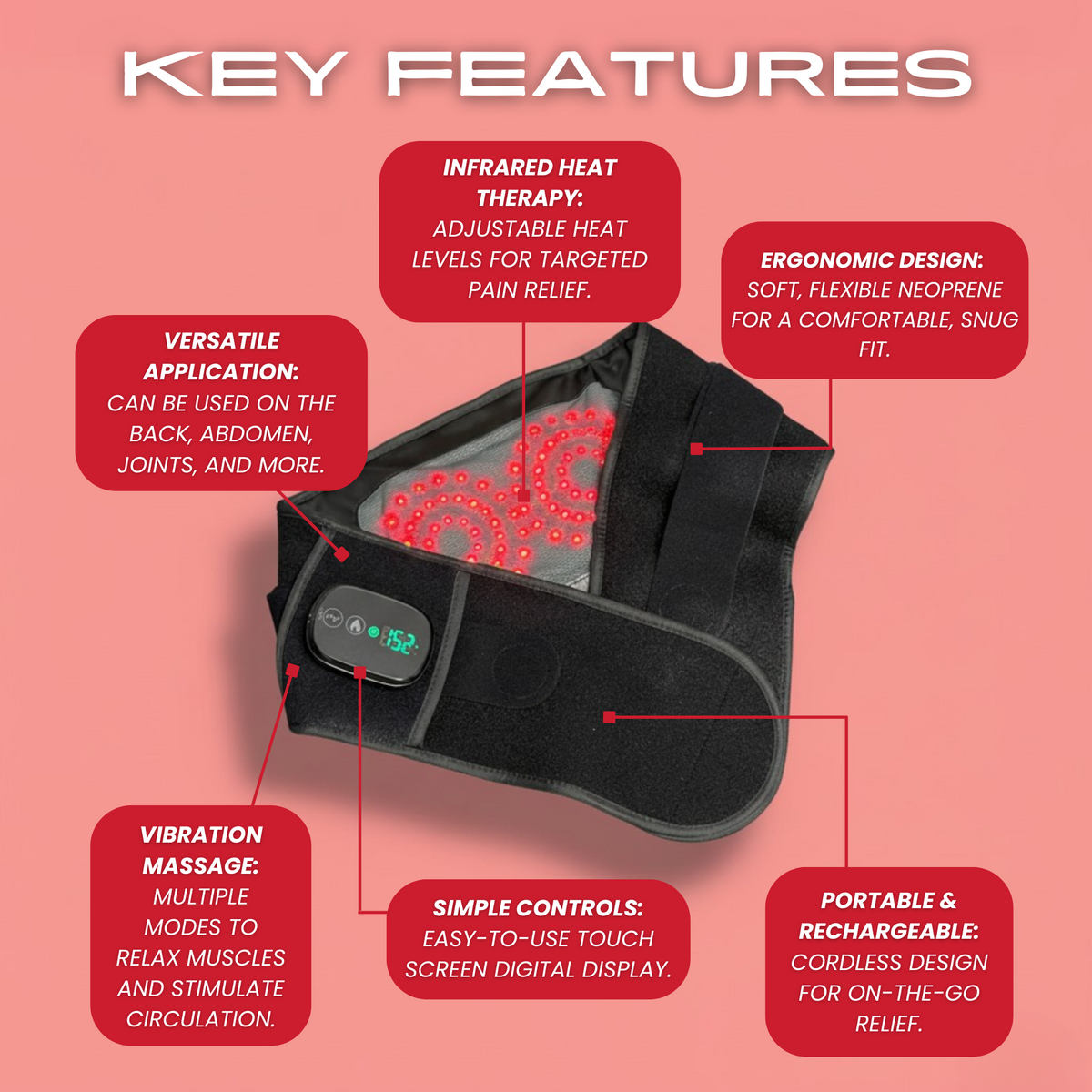 TheraBelt Red Light Therapy Recovery Belt shown on a coral background with labeled feature callouts.