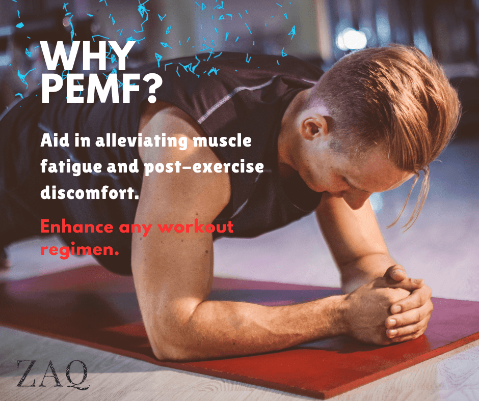 Infrared PEMF Travel Mat beneath a man holding a plank position in a gym, with text overlays.