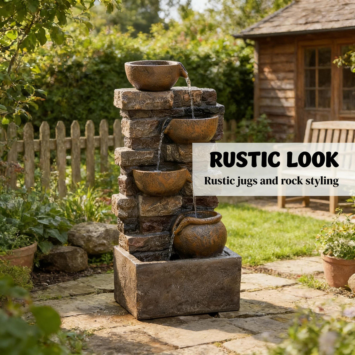 Resin Stacked Stone Bowl Cascade Fountain 28 Inch in a sunny garden beside a picket fence and shed.