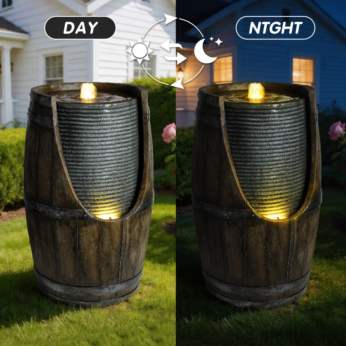 Resin Rustic Barrel Outdoor Water Fountain 24 Inch LED shown in a split day and night garden scene.