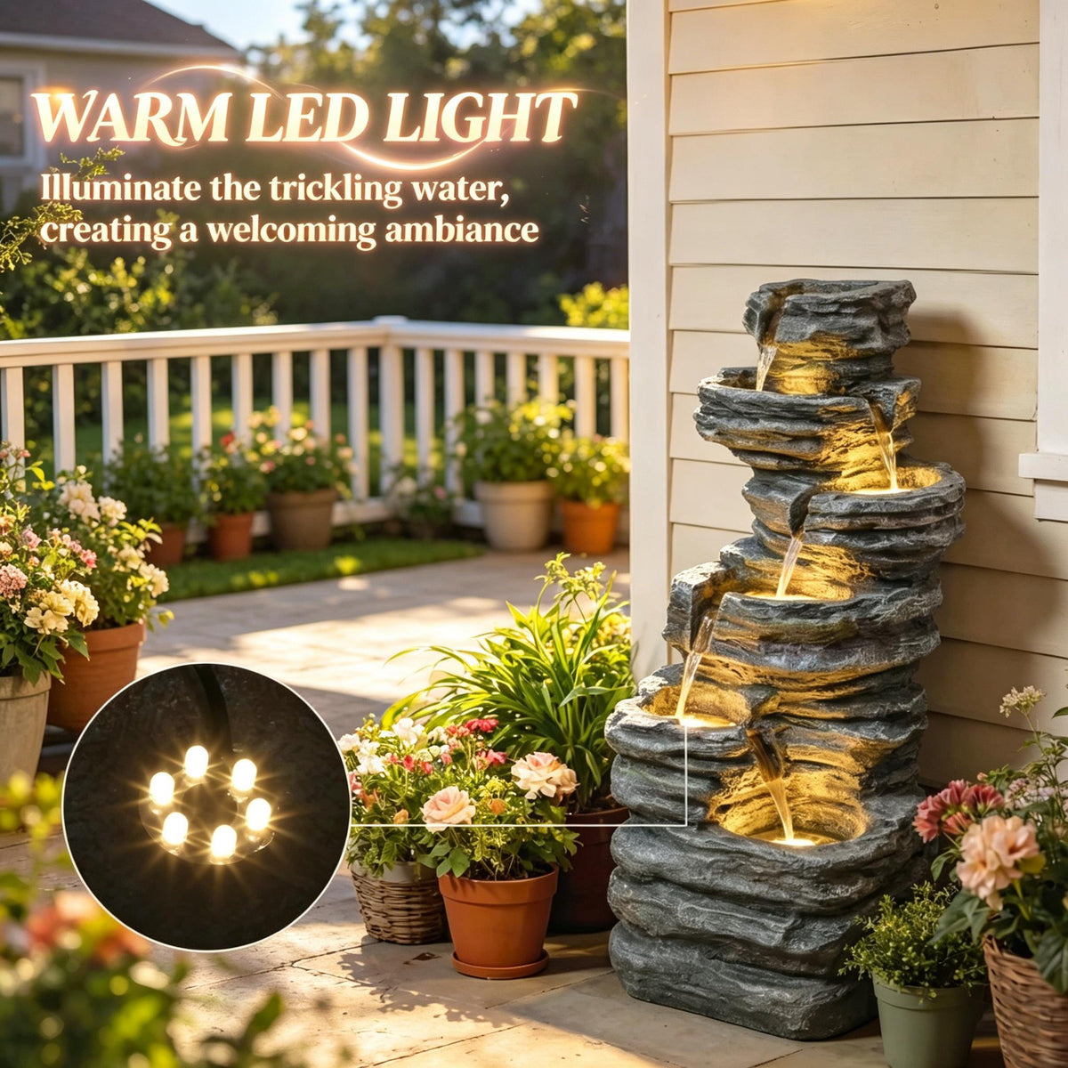 Resin 6 Tier Rock Cascade Outdoor Fountain 40 Inch LED glows beside porch siding, with a circular inset showing its lights.