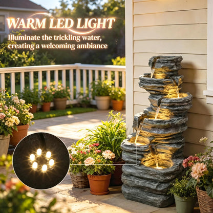 Resin 6 Tier Rock Cascade Outdoor Fountain 40 Inch LED glows beside porch siding, with a circular inset showing its lights.