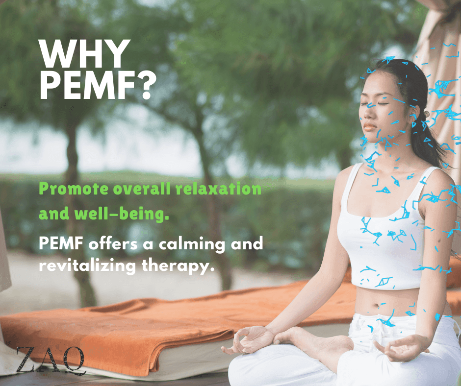Infrared PEMF Travel Mat named in a graphic beside a seated woman meditating outdoors on an orange-covered bench.