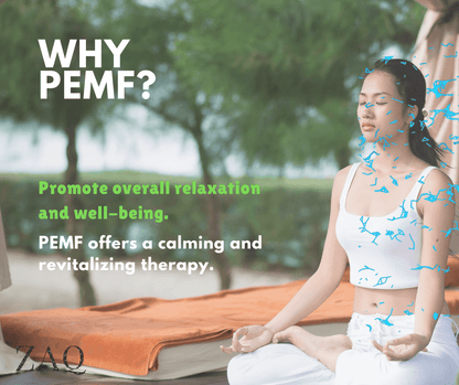 Infrared PEMF Travel Mat named in a graphic beside a seated woman meditating outdoors on an orange-covered bench.