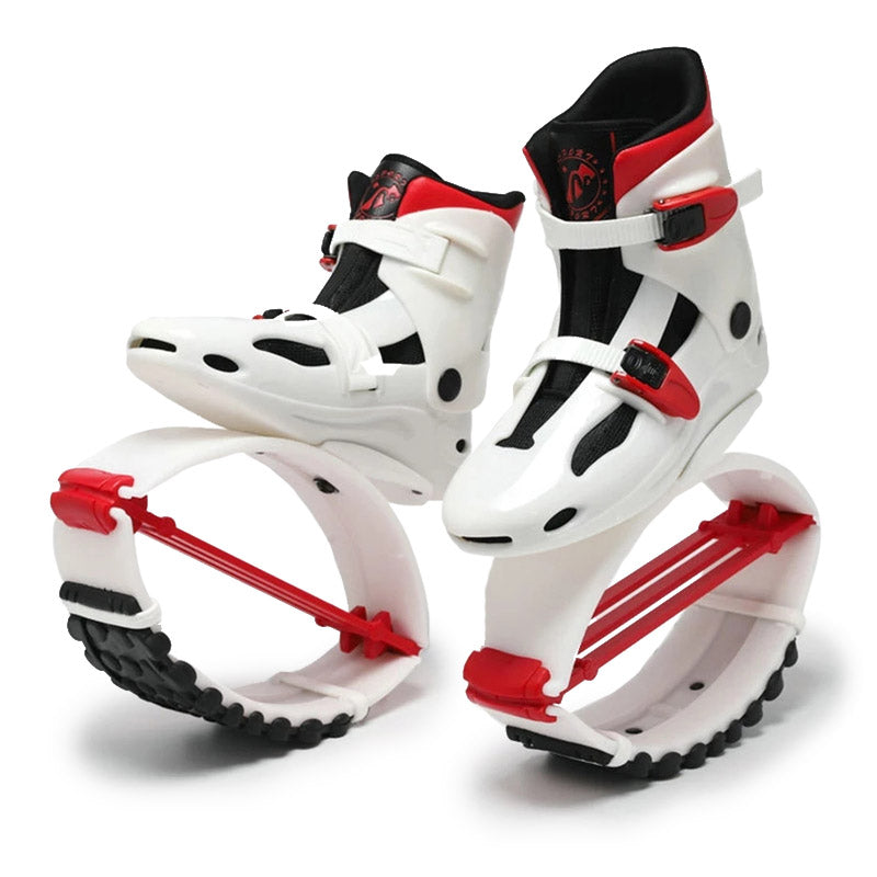 Jumper Stilt Fitness Kangaroo Boots in white with red accents, displayed from an angled front view.