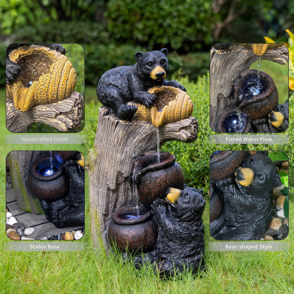 Resin Black Bear Outdoor Water Fountain with close-ups of its bears, bowls, and flowing water.