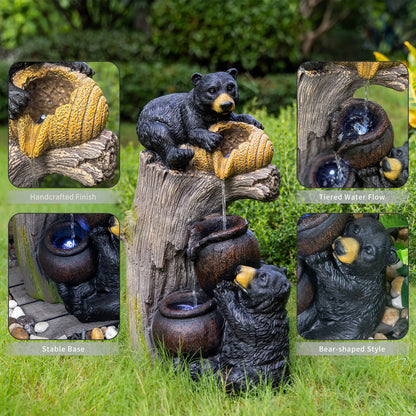 Resin Black Bear Outdoor Water Fountain with close-ups of its bears, bowls, and flowing water.
