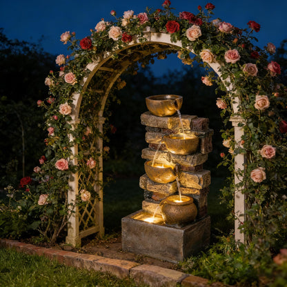 Resin Stacked Stone Bowl Cascade Fountain 28 Inch with glowing bowls beneath a rose-covered garden arch at dusk.