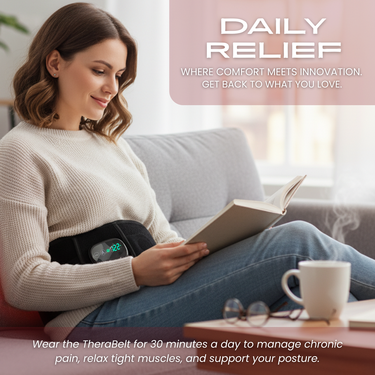 A woman reads on a couch wearing the TheraBelt Red Light Therapy Recovery Belt, with promotional text overlaid.