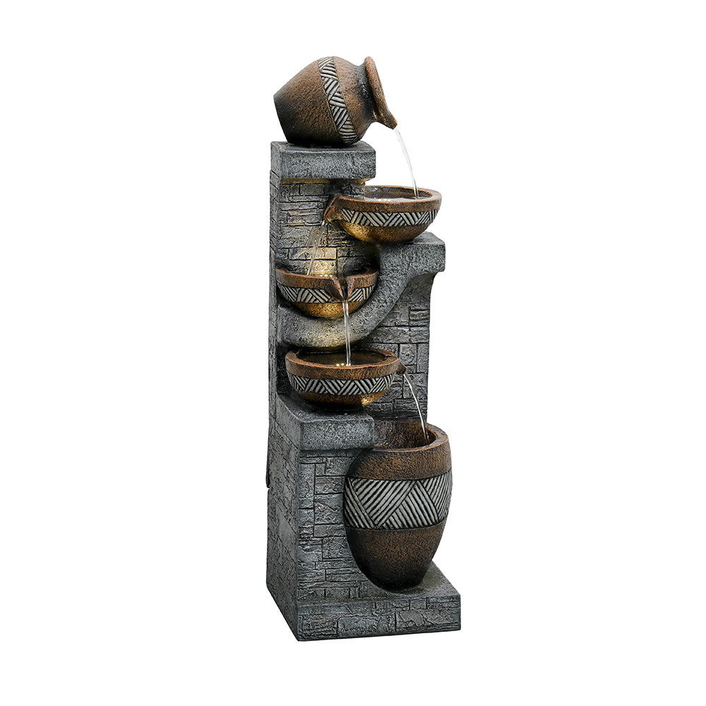 Resin Carved Clay Urn Outdoor Water Fountain 42 Inch shown full length with water flowing down tiered bowls.