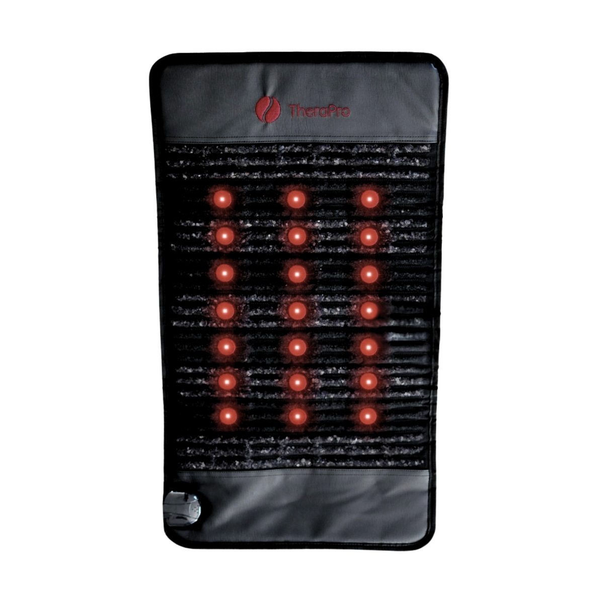 TheraPro™ PEMF pad shown upright on a white background, with rows of red lights and a control at the lower edge.