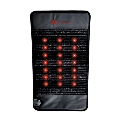 TheraPro™ PEMF pad shown upright on a white background, with rows of red lights and a control at the lower edge.