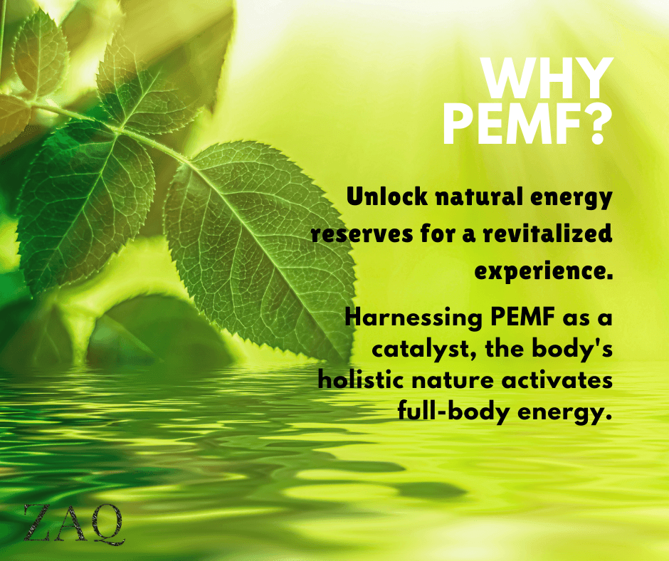 Infrared PEMF Travel Mat named on a yellow-green graphic with large leaves and rippling water.