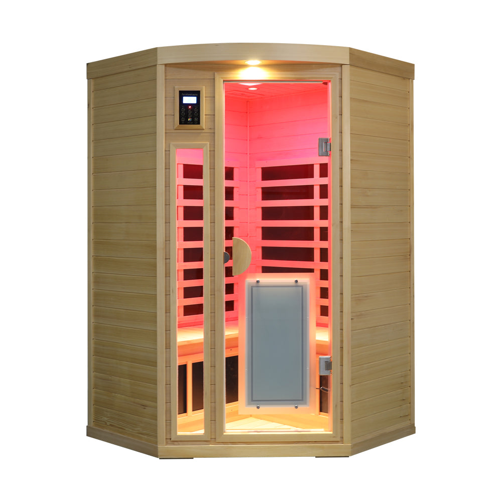 Hemlock Pentagonal Indoor Far Infrared Sauna Room shown from the front with its interior glowing red.