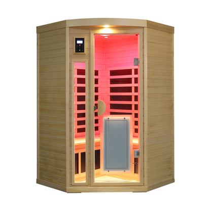 Hemlock Pentagonal Indoor Far Infrared Sauna Room shown from the front with its interior glowing red.