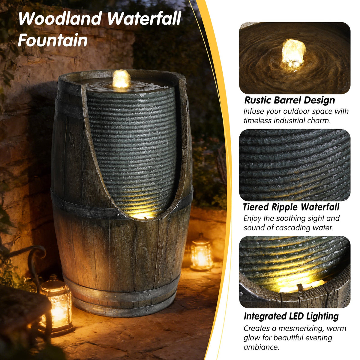 Resin Rustic Barrel Outdoor Water Fountain 24 Inch LED displayed at night with close-ups of its rippled face and glow.