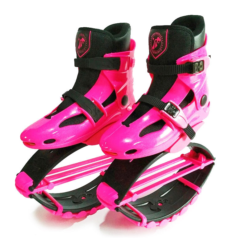 Jumper Stilt Fitness Kangaroo Boots in bright rose red and black, shown as a pair against white.