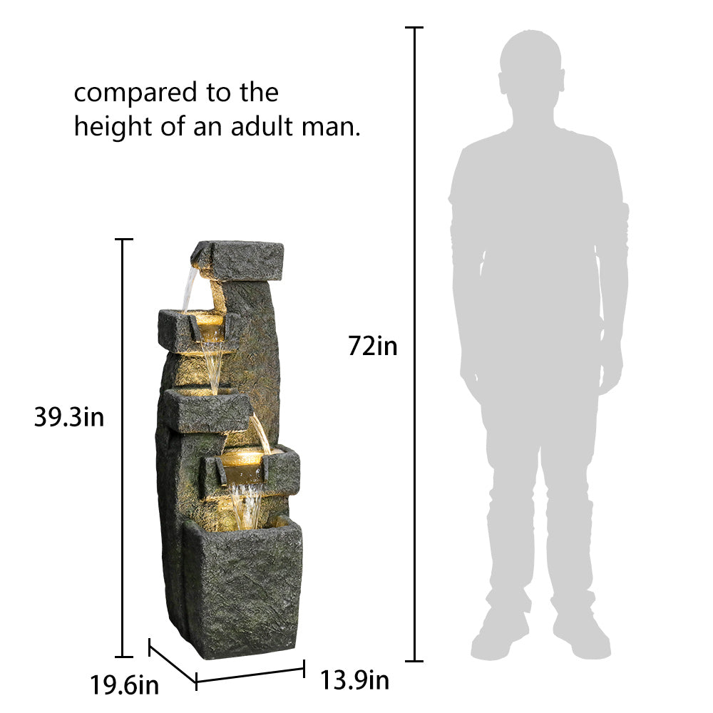 Resin Tiered Outdoor Fountain 5 Tier Modern LED beside a human silhouette, with height and base measurements marked.